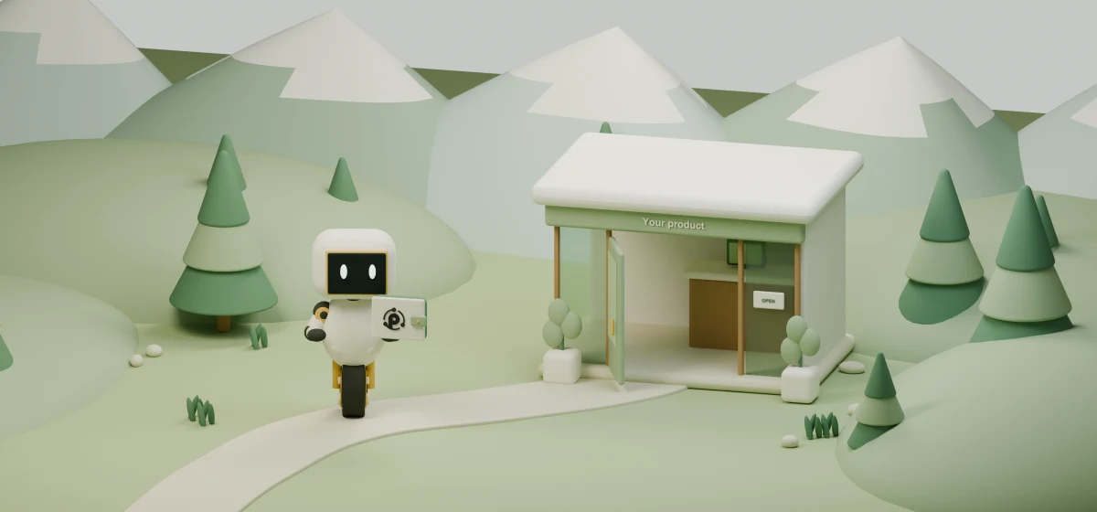 A small AI agent carrying a Paysmith wallet approaches an open product storefront.