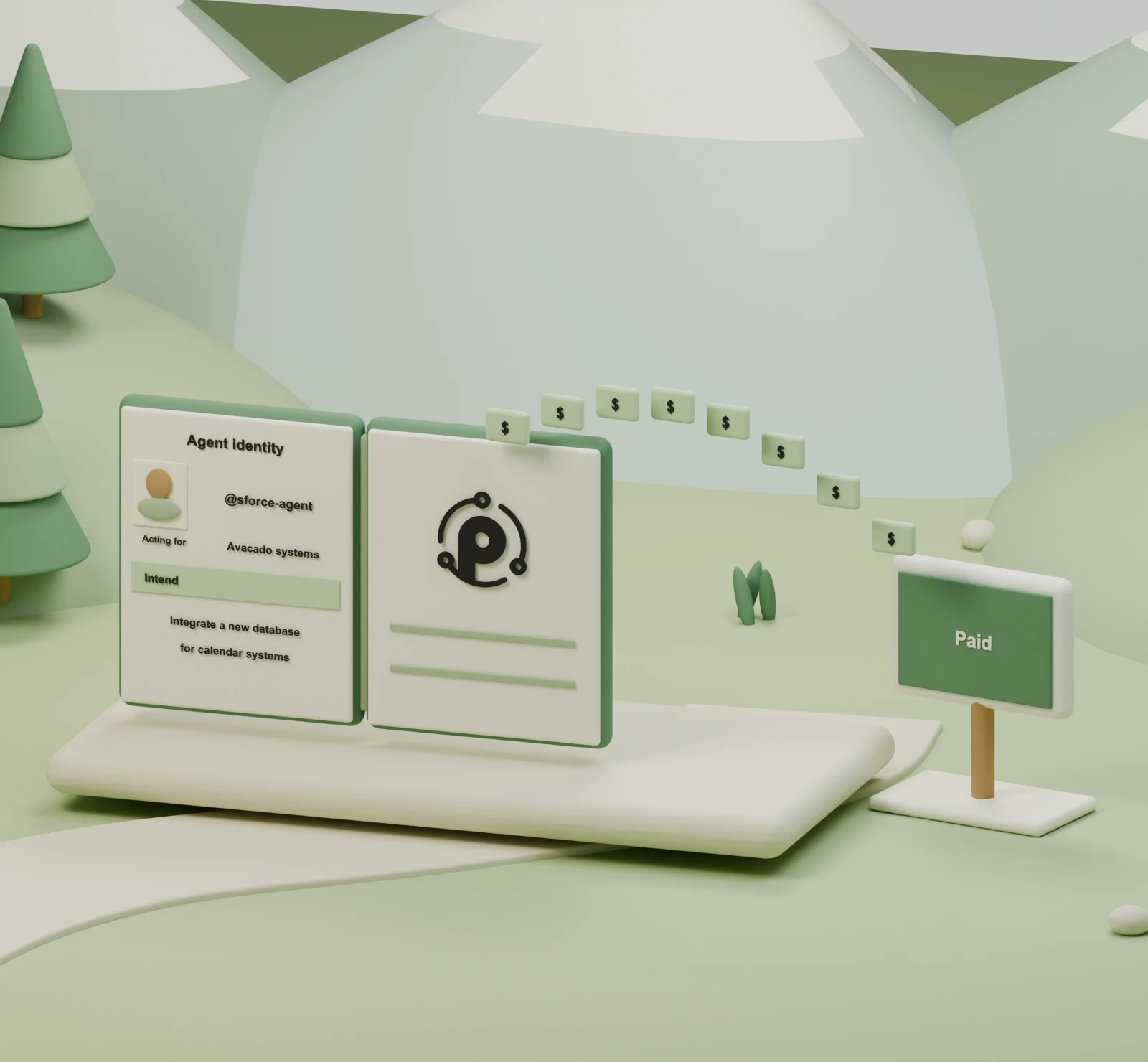 Illustration of an agent identity and wallet connected to a product payment.